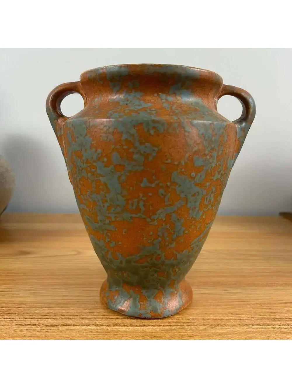 Burley WInter 1930s Vintage Art Pottery Mottled Green and Orange Handled Vase 45